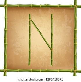 Vector bamboo alphabet. Capital letter N made of realistic green bamboo sticks poles on old paper, papyrus, parchment or canvas background. Abc concept for creating words, text, advertising, message.