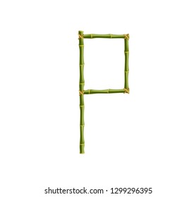 Vector bamboo alphabet. Capital letter P made of realistic green bamboo sticks poles isolated on white background. Abc concept for creating words, text, advertising, message.
