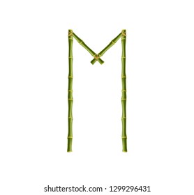 Vector bamboo alphabet. Capital letter M made of realistic green bamboo sticks poles isolated on white background. Abc concept for creating words, text, advertising, message.