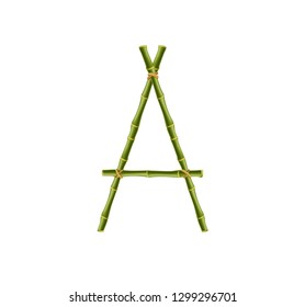 Vector bamboo alphabet. Capital letter A made of realistic green bamboo sticks poles isolated on white background. Abc concept for creating words, text, advertising, message.