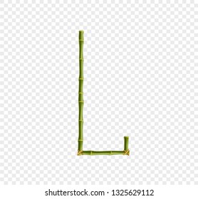 Vector bamboo alphabet. Capital letter L made of realistic green bamboo sticks poles isolated on transparent background. Abc concept for creating words, text, advertising, message.