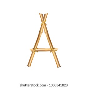 Vector bamboo alphabet. Capital letter A made of realistic brown dry bamboo poles isolated on white background. Abc concept for creating words, text, advertising, message.