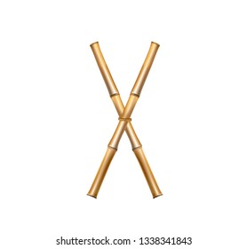 Vector bamboo alphabet. Capital letter X made of realistic brown dry bamboo poles isolated on white background. Abc concept for creating words, text, advertising, message.