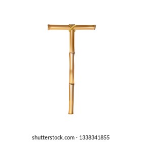 Vector bamboo alphabet. Capital letter T made of realistic brown dry bamboo poles isolated on white background. Abc concept for creating words, text, advertising, message.