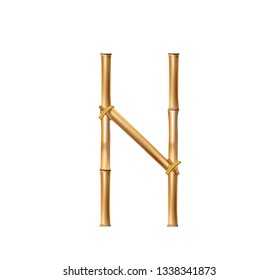 Vector bamboo alphabet. Capital letter N made of realistic brown dry bamboo poles isolated on white background. Abc concept for creating words, text, advertising, message.