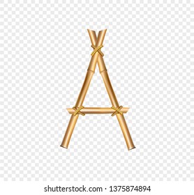 Vector bamboo alphabet. Capital letter A made of realistic brown dry bamboo poles isolated on transparent background. Abc concept for creating words, text, advertising, message.
