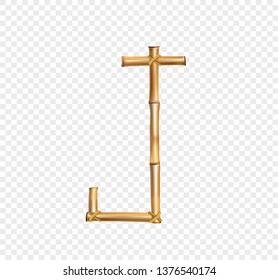 Vector bamboo alphabet. Capital letter J made of realistic brown dry bamboo poles isolated on transparent background. Abc concept for creating words, text, advertising, message.