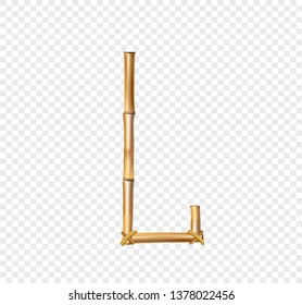 Vector bamboo alphabet. Capital letter L made of realistic brown dry bamboo poles isolated on transparent background. Abc concept for creating words, text, advertising, message.