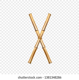 Vector bamboo alphabet. Capital letter X made of realistic brown dry bamboo poles isolated on transparent background. Abc concept for creating words, text, advertising, message.