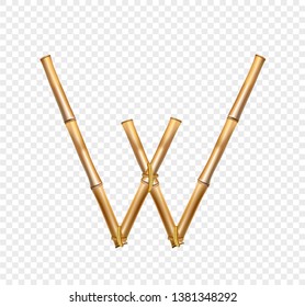 Vector bamboo alphabet. Capital letter W made of realistic brown dry bamboo poles isolated on transparent background. Abc concept for creating words, text, advertising, message.