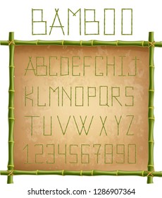 Vector bamboo alphabet. Capital letters made of realistic green bamboo poles inside of wooden stick frame on old paper or canvas background. Abc concept for creating words, text, advertising, message.