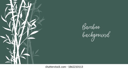 Vector bamboo background with green bamboo stems and leaves. Isolated on green, place for text, copyspace. Oriental art stylization