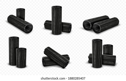 Vector bamboo charcoal set isolated on transparent background. Realistic pieces charcoal.