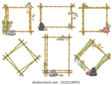 Vector bamboo frame with balance zen pebble stones, green leavesm plumeria, lotus flowers set. Traditional chinese, eastern decoration. Sketch wooden sicks binded by rope. Asian design background