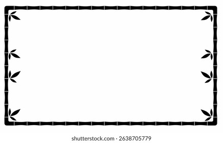 Vector bamboo frame border with corner leaves, black and white rectangular decorative template for invitation, menu, greeting card, text or flyer design.