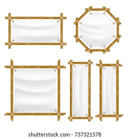 Vector bamboo frame with canvas set. Wooden frame made of bamboo sticks tied up with ropes. Bamboo home decoration.