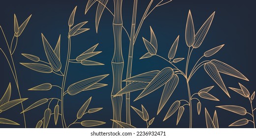 Vector bamboo golden leaves botanical modern, art deco wallpaper background pattern. Line design for interior design, textile, texture, poster, package, wrappers, gifts. Luxury. Japanese style.