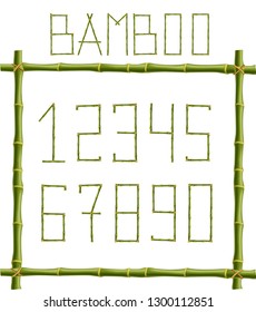 Vector bamboo numerals digits made of realistic green bamboo sticks poles inside of wooden stick frame isolated on white background. Numbers concept for creating words, text, advertising, message.