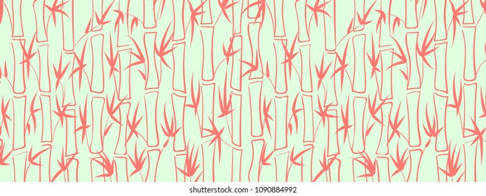 Vector Bamboo Silhouettes. Abstract Background of Pink Leaves and Stems of Bamboo. Tropical Ornament in Ethnic Style. Bamboo Pattern for Wallpaper, Textile, Tablecloth, Packaging, Wrapping.