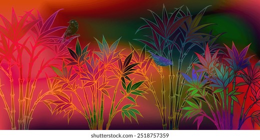 Vector Bamboo Stalks Illustration with Birds and Colorful Iridescent Gradient