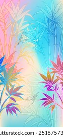 Vector Bamboo Stalks Illustration with Birds and Colorful Iridescent Gradient