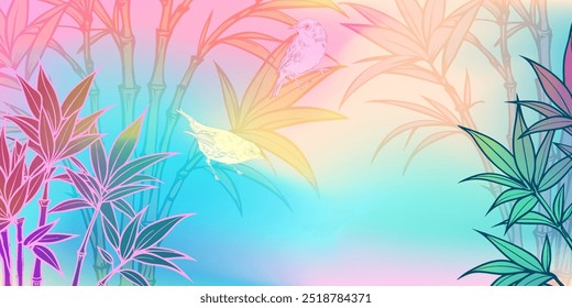 Vector Bamboo Stalks Illustration with Birds and Colorful Iridescent Gradient