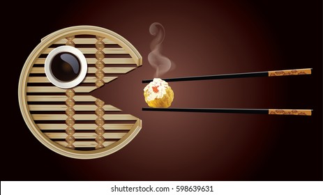 Vector of Bamboo Steamer is eating dim sum (Steamed shrimp dumplings) with chopsticks and sauce on brown background.