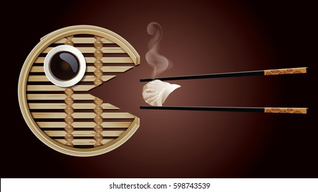 Vector of Bamboo Steamer is eating dim sum (Hargau, steamed shrimp dumplings)  with chopsticks  and sauce on brown background.