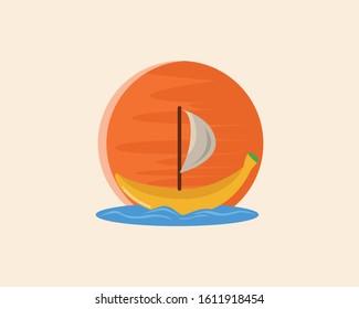 vector banana boat at sunset that has sails
