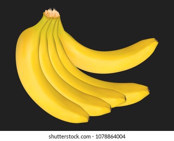 Vector Banana Bunch on the Black Background. Delicious Tropical Fruits. Realistic Yellow Bananas for Wallpaper, Packaging, Paper, Tablecloth, Tile, Advertising, Marketing, Illustration.