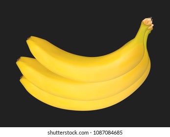 Vector Banana Bunch on the Black Background. Delicious Tropical Fruits. Realistic Yellow Bananas for Wallpaper, Packaging, Paper, Tablecloth, Tile, Advertising, Marketing, Illustration.