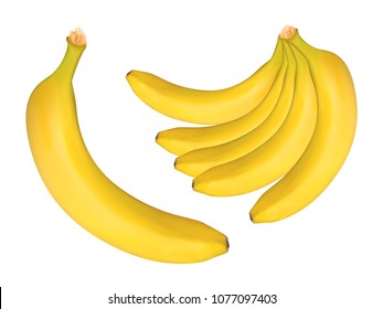 Vector Banana Bunch on the White Background. Delicious Tropical Fruits. Realistic Yellow Bananas for Wallpaper, Packaging, Paper, Tablecloth, Tile, Advertising, Marketing, Illustration.