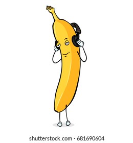 Vector Banana Character with Headphones on White Background