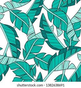 Vector banana leaves on white background. Hand drawn seamless pattern. Perfect for fabric, wallpaper or wrapping paper.