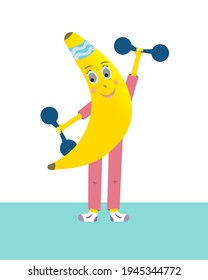 Vector banana lifts dumbbells. Banana goes in for sports. Fruit is an athlete