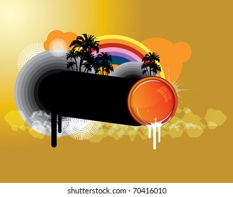 Vector banana palm, flowers, grunge background