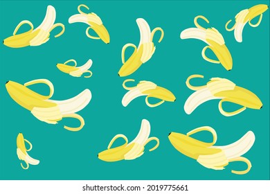 Vector banana peeled in a cute cartoon style scattered over a green background.