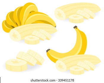 Vector banana. Peeled and sliced bananas, collection of vector illustrations