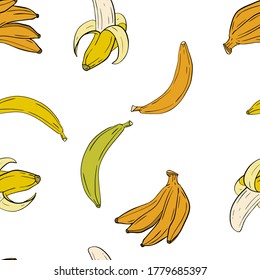 Vector banana seamless pattern. Different tasty bananas on a white background. For children, goods, clothes, fabrics, textiles, decor, packaging, invitations, cards, holidays, birthday.