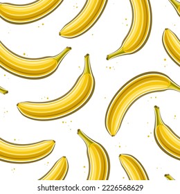 Vector Banana Seamless Pattern, square repeating background with cut out illustrations of whole yellow ripe bananas, group of flat lay single closed banana fruits for home interior on white background