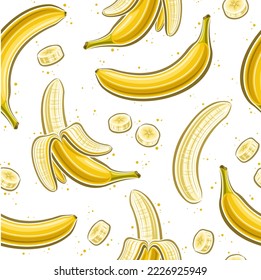 Vector Banana Seamless Pattern, cuadrado repetición de fondo con ilustraciones cortadas de plátanos completos abiertos, grupo de banana solitaria y plana cerrada para el interior del hogar sobre fondo blanco