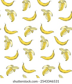 Padrão sem emenda de banana de vetor para design de banner tropical. Fundo de banana. Fundo de giz de cera desenhado à mão gráfico. Ornamento de esboço de bananas.
