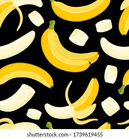 Vector banana seamless pattern - whole yellow fruit and slices, peeled pieces. Ripe vegetarian food in cartoon flat style.