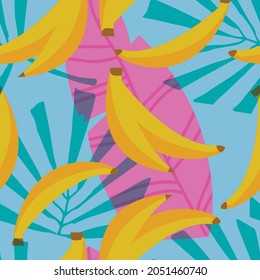 Patrón sin fisuras del vector bananero. Plátanos amarillos y hojas fondo vectorial sin fisuras. 