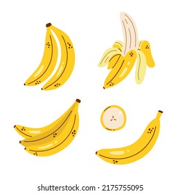 Vector banana set. Banana bunch, peeled banana and banana slice. Cute collection with bananas. Tropical fruit.