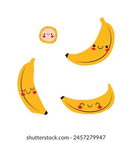 Vector platano. Linda colección con plátanos. Plátano. Lindo juego de caracteres de Vector de frutas aislado en blanco . Fruta tropical.