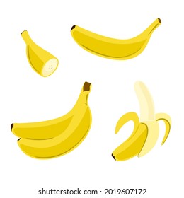 Vector banana set in flat style. Cartoon illustration of single, peeled fruit and bunch of bananas.