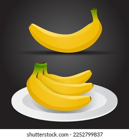 Vector banana single and multiple bananas on a white plate with dark background.