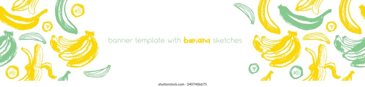 Vector bananas banner template with sketch bananas seamless pattern. Banana label backdrop. Bananafruit ornament. Yellow fruits label design.