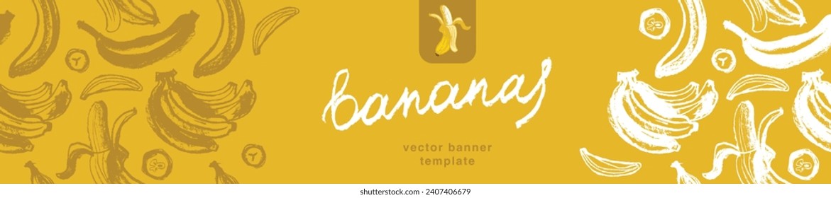 Vektorbananen-Banner-Vorlage mit skizzierbaren Bananen nahtloses Muster. Banana-Hintergrund. Bananafruit-Ornament Das Design der gelben Früchte.